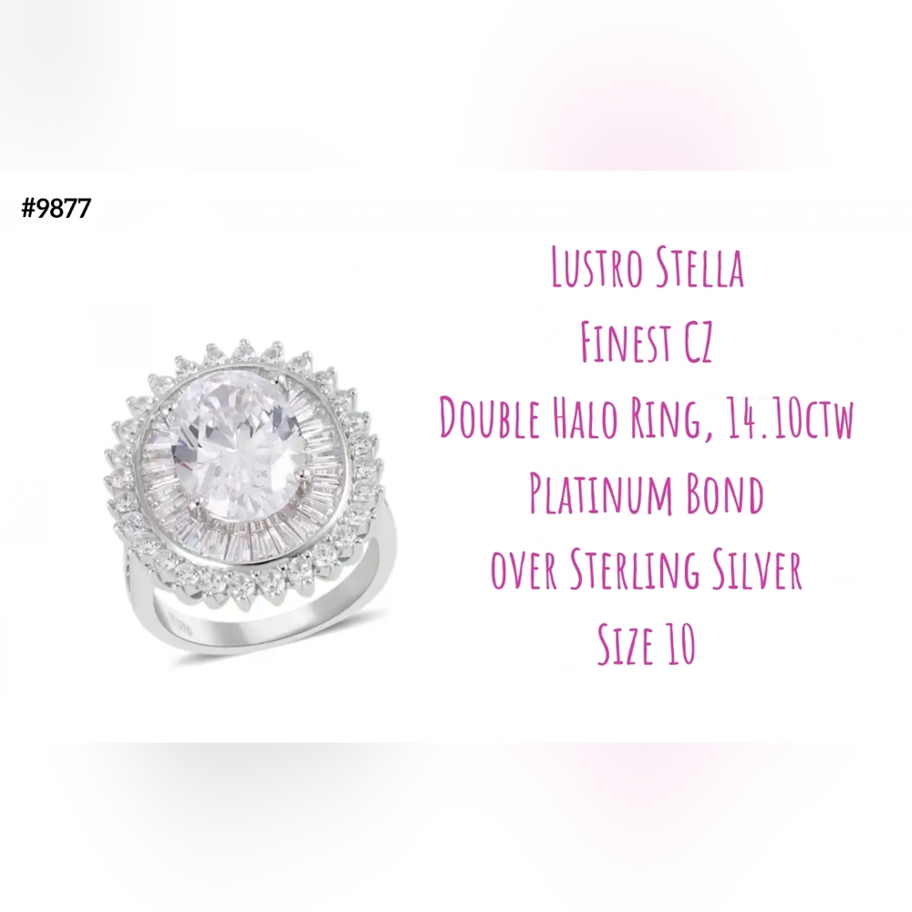 Gorgeous double halo ring, platinum bond, Sz.10. Only $34!